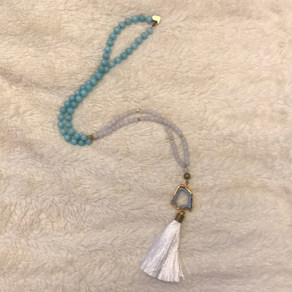 Long white and blue tassel necklace